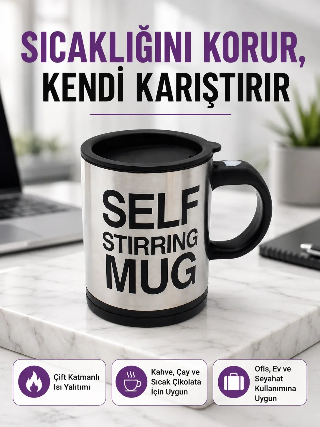 Pratik ve Dayanıklı Termos Kupa | Tek Tuşla Otomatik Karıştırma