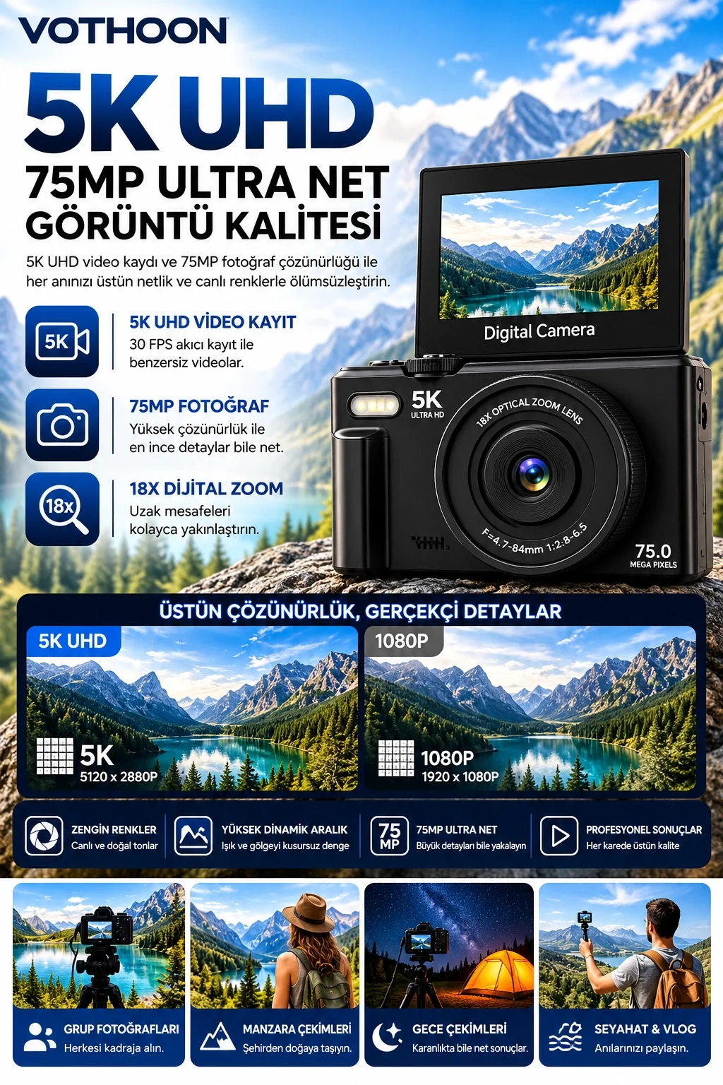 5K 75MP 18X Zoom Flaşlı 3” Flip Ekranlı Türkçe 32GB Kart Dijital Vlog Fotoğraf Makinesi Lens Hediyeli görsel 4