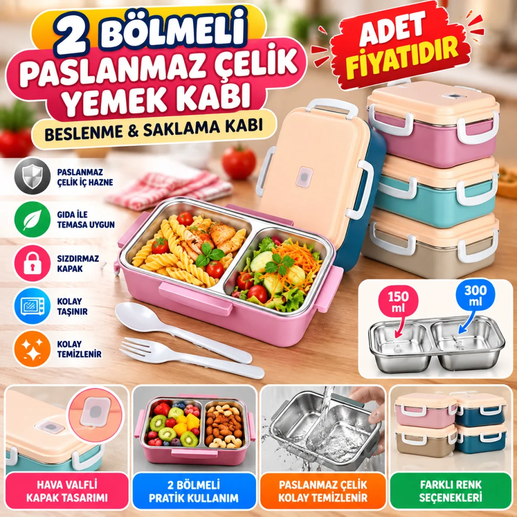 2 Bölmeli 150-300 Ml Paslanmaz Çelik Yemek Kabı Beslenme Kabı Yiyecek Saklama Kabı - 1 Adet Stokta Olan Renk Gönderilir