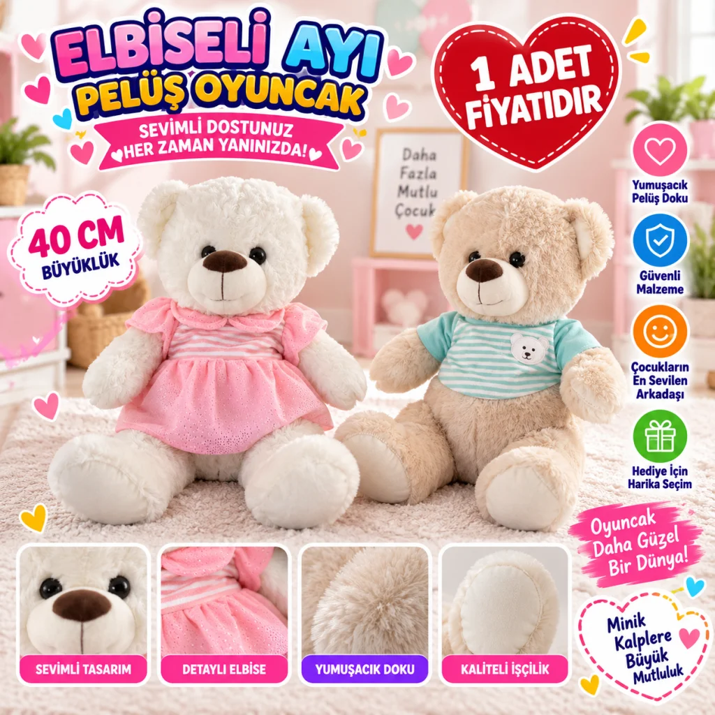 PL50149 40 CM ELBİSELİ AYI OYUNCAK PELUŞ (adet fiyatıdır) görsel 3
