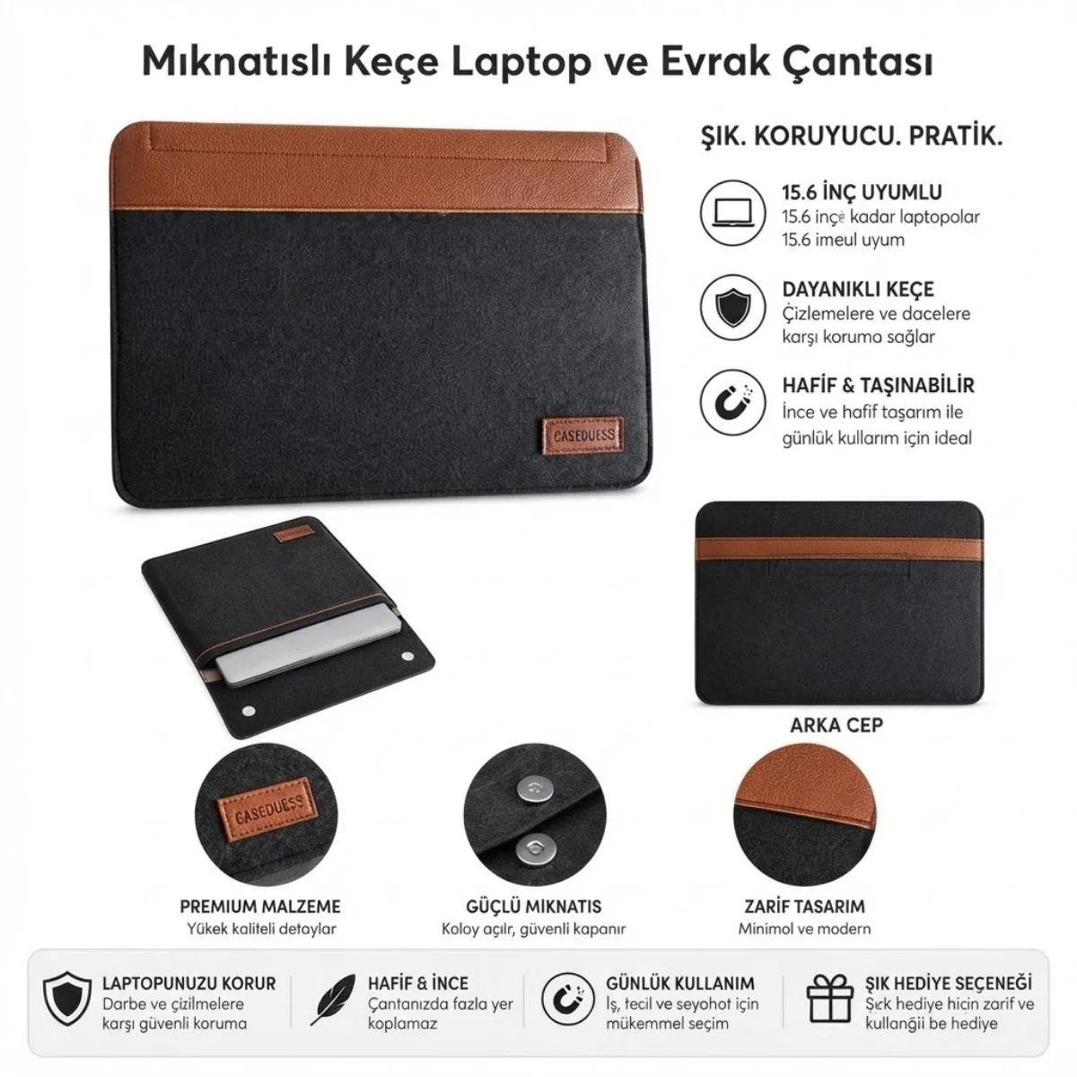 15.6 İnç Mıknatıslı Keçe Laptop ve Evrak Çantası, Notebook Bilgisayar ve Dosya Taşıma Çantası