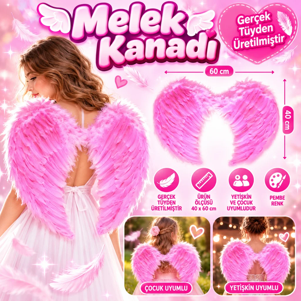 Pembe Renkli Orta Boy Çocuk Melek Kanadı 40x60 cm görsel 2