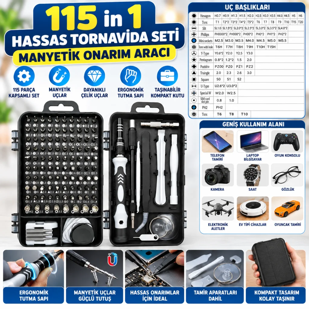 Hassas Tornavida Seti Bilgisayar Pc Telefon Onarım Aracı Seti Manyetik 115 in 1 Tornavida Seti