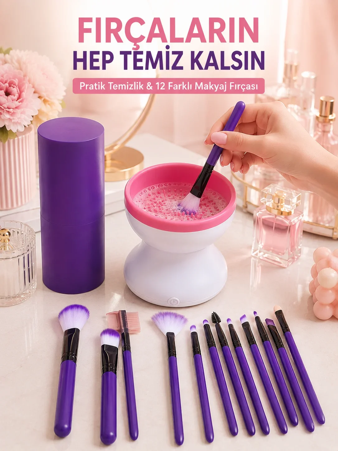 12’li Makyaj Fırça Seti ve Elektrikli Fırça Tezleme Cihazı Avantajlı İkili Makyaj Bakım Seti