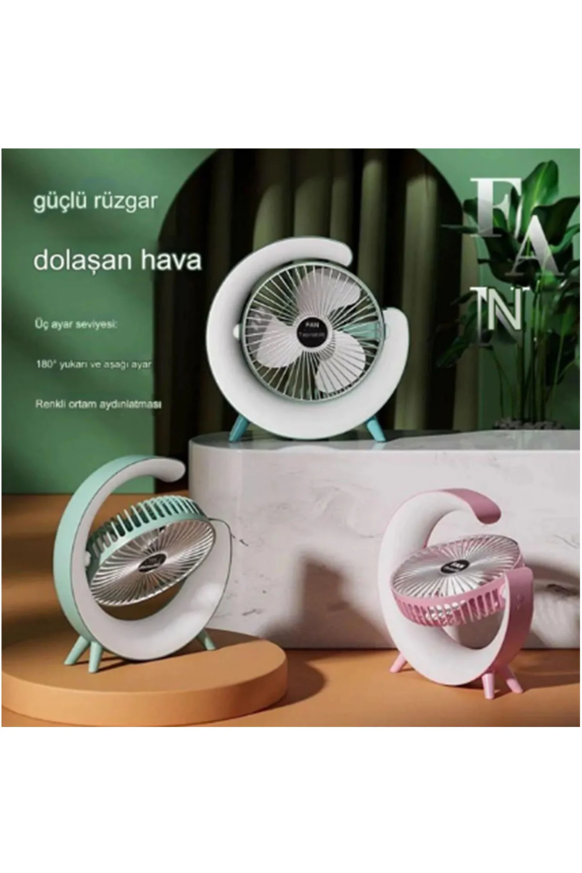 Masaüstü Vantilatör Usb Şarjlı Rgb Led Işıklı 3 Kademeli 180° Ayarlanabilir Soğutucu Fan Yeşil görsel 6