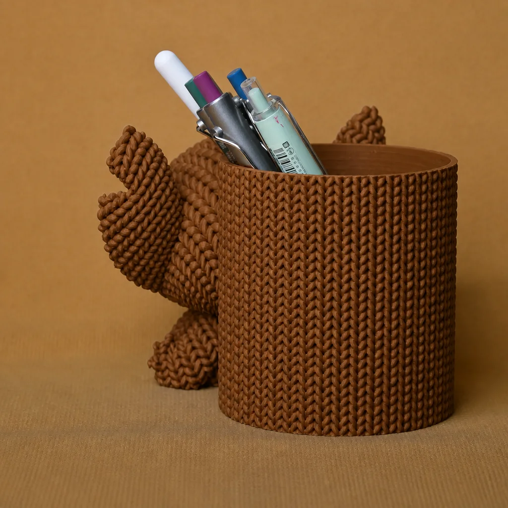 3D Baskı Knitted Kalemlik - Sevimli Karakterli Masaüstü Kalem Organizeri-Kahverengi görsel 2