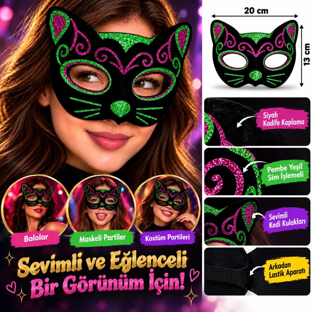 Siyah Kadife Kaplama Üzeri Pembe Yeşil Sim İşlemeli Kedi Maskesi 20x13 cm görsel 2