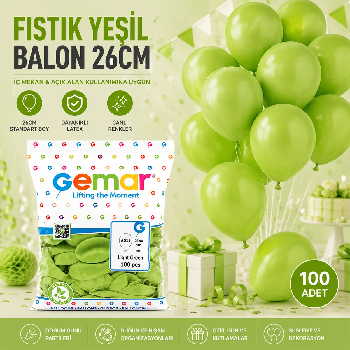 Fıstık Yeşili 26 cm Parti Balonları - 100'lü görsel 2