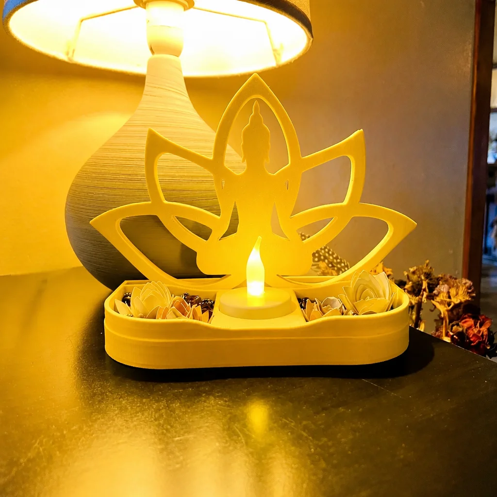 3D Baskı Lotus Buda Mumluk - Dekoratif Tealight Mumluk-Sarı