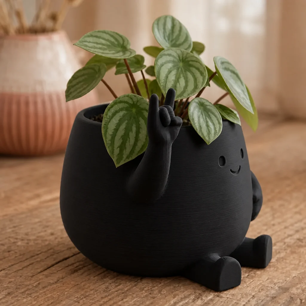 3D Baskı Smiley Face Planter - Gülümseyen Karakterli Saksı-Siyah görsel 2