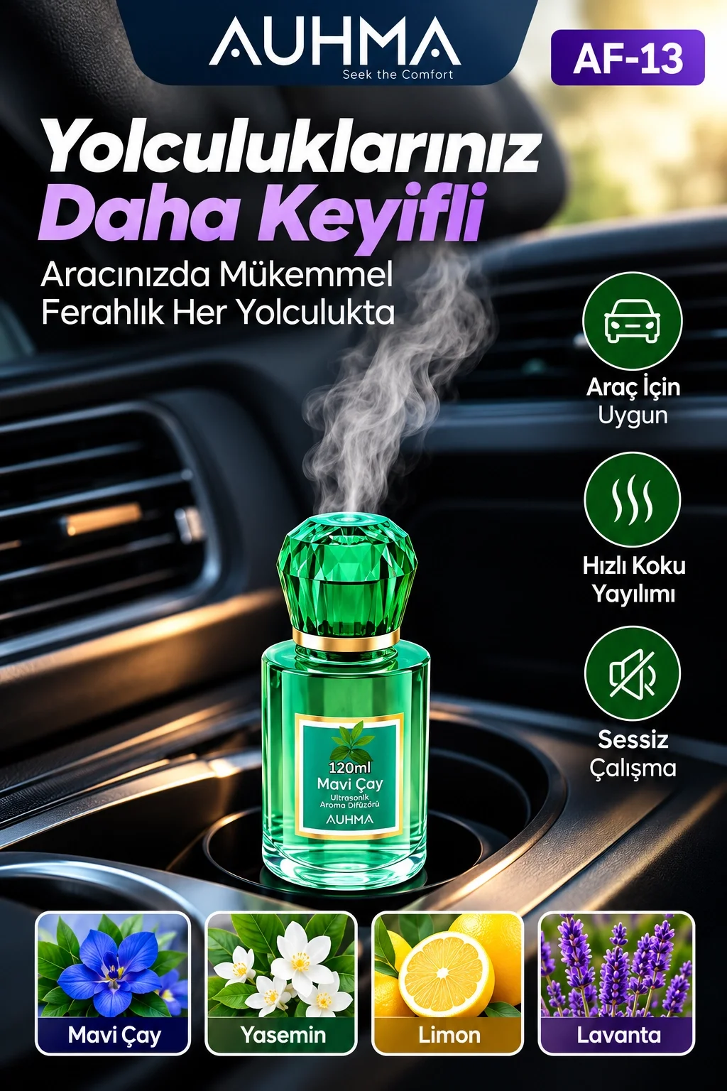 Ultrasonik Aroma Difüzörü 120 ML Mavi Çay Kokulu LED Işıklı Araç ve Oda Kokusu görsel 5