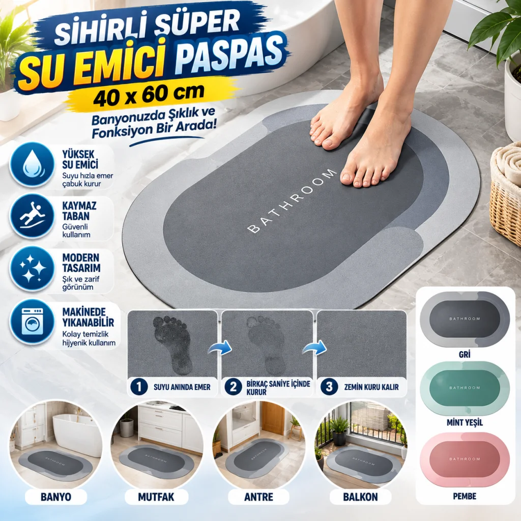 Sihirli Süper Su Emici Kaymaz Tabanlı Oval Paspas 40*60 cm