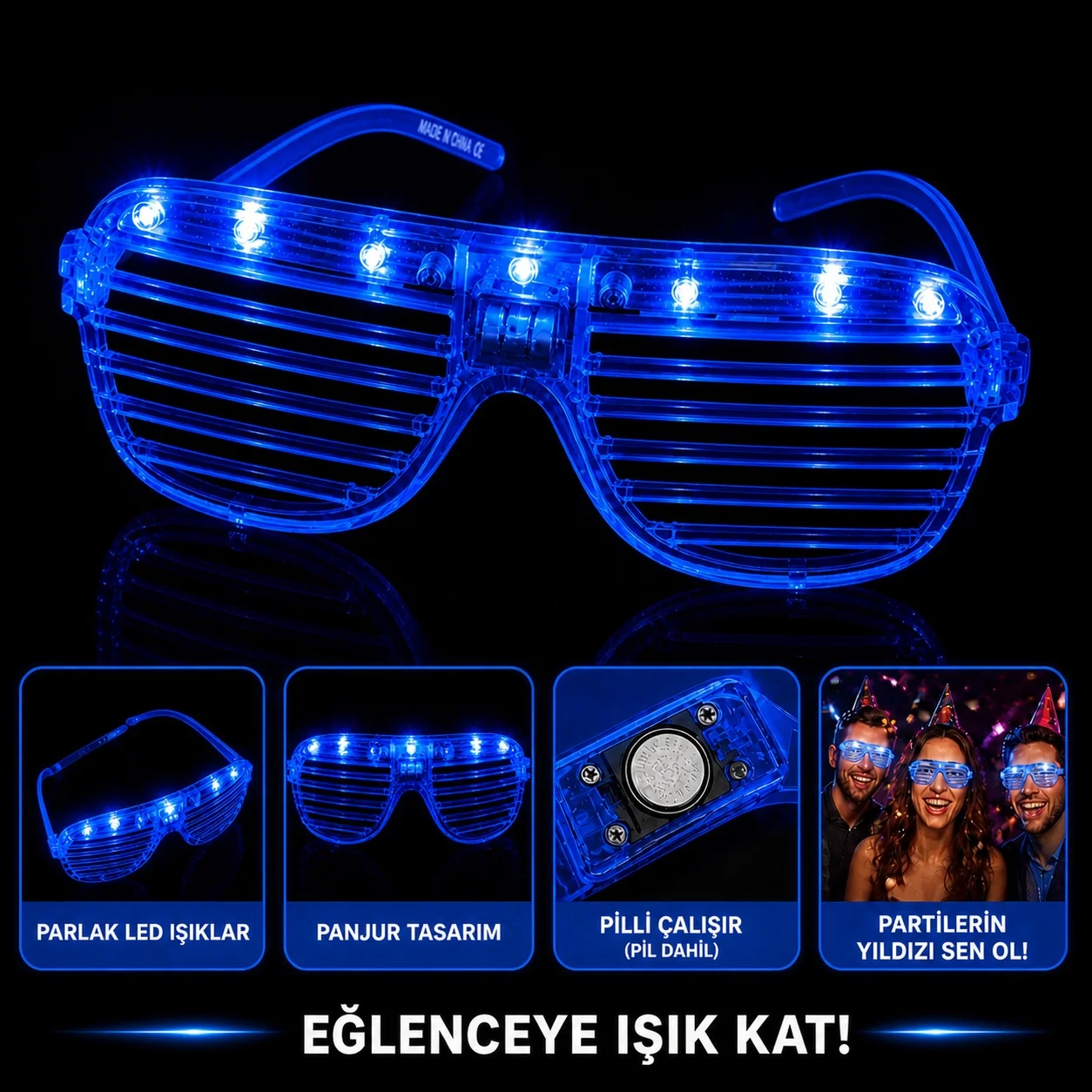 LED Işıklı Panjur Parti Gözlüğü Mavi Renk Shutter Gözlük görsel 2