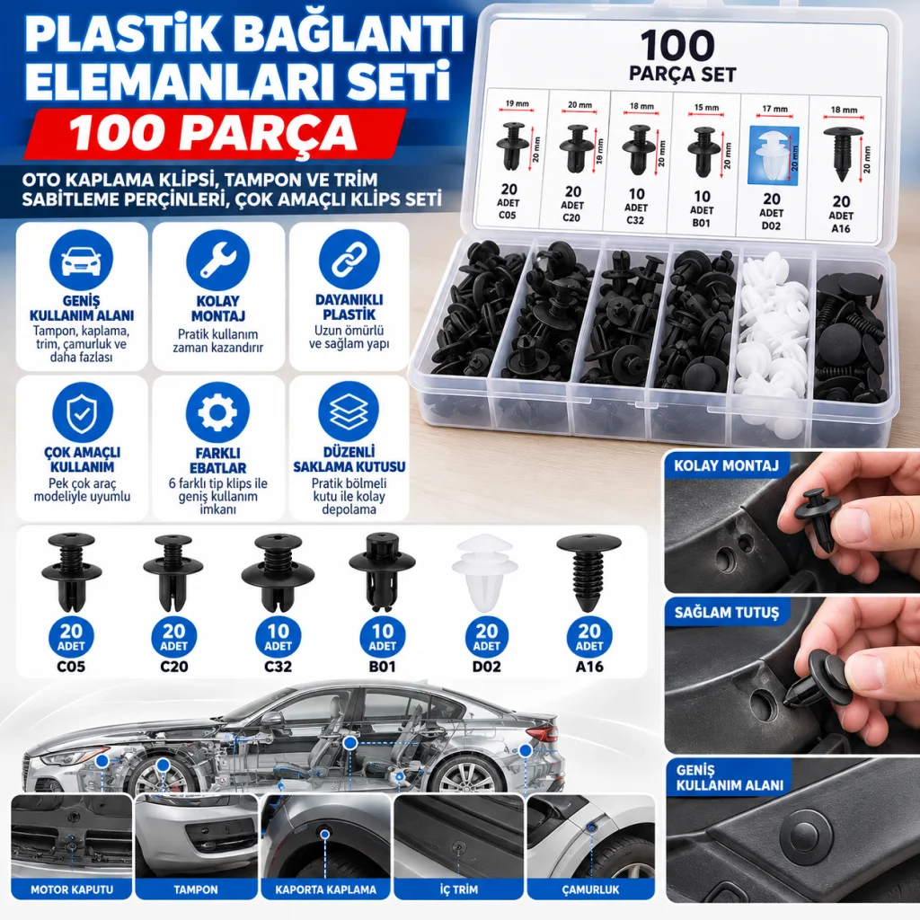 Plastik Bağlantı Elemanları Seti 100 Parça – Oto Kaplama Klipsi, Tampon ve Trim Sabitleme Perçinleri, Çok Amaçlı Klips Seti