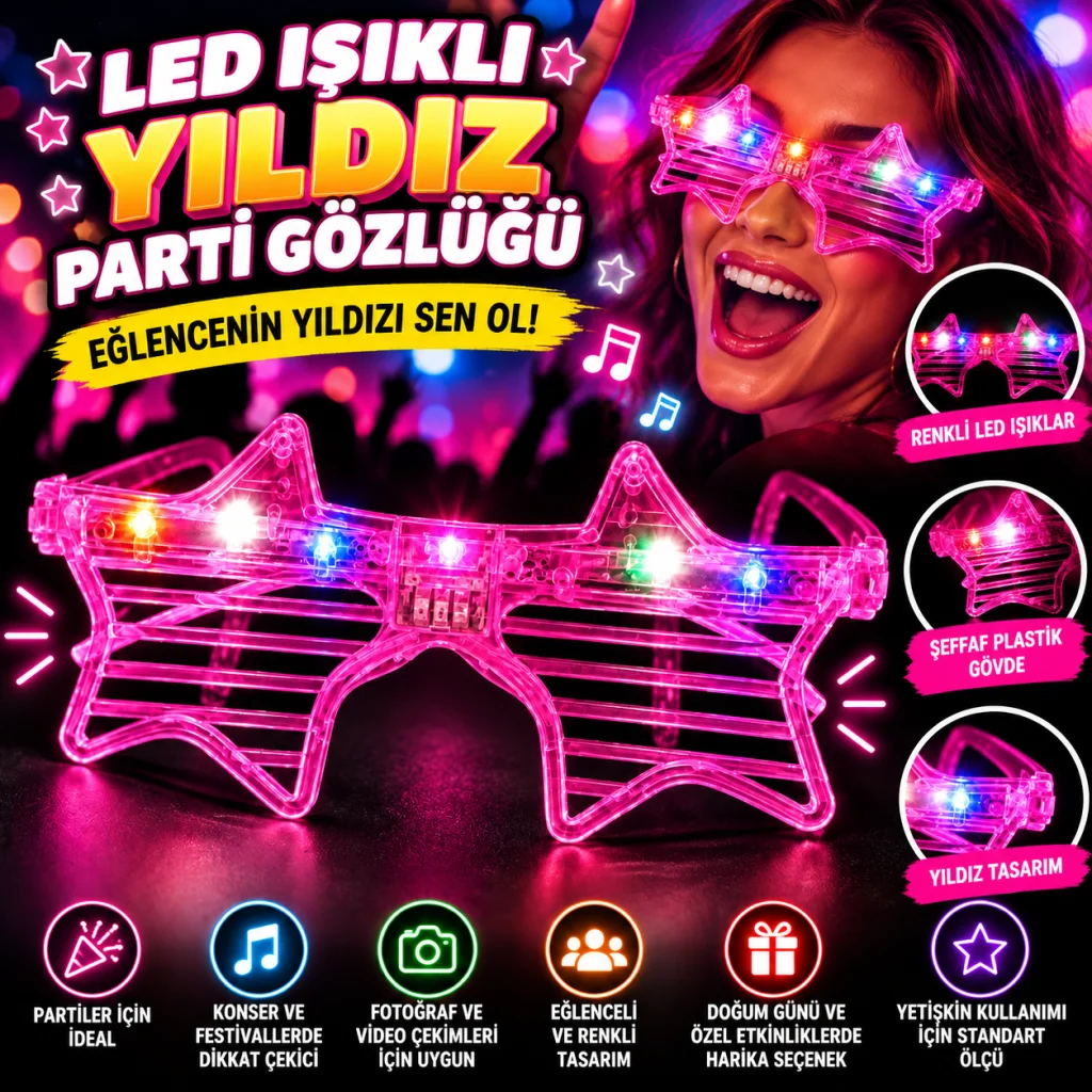 Pembe Led Işıklı Yıldız Parti Gözlüğü görsel 2