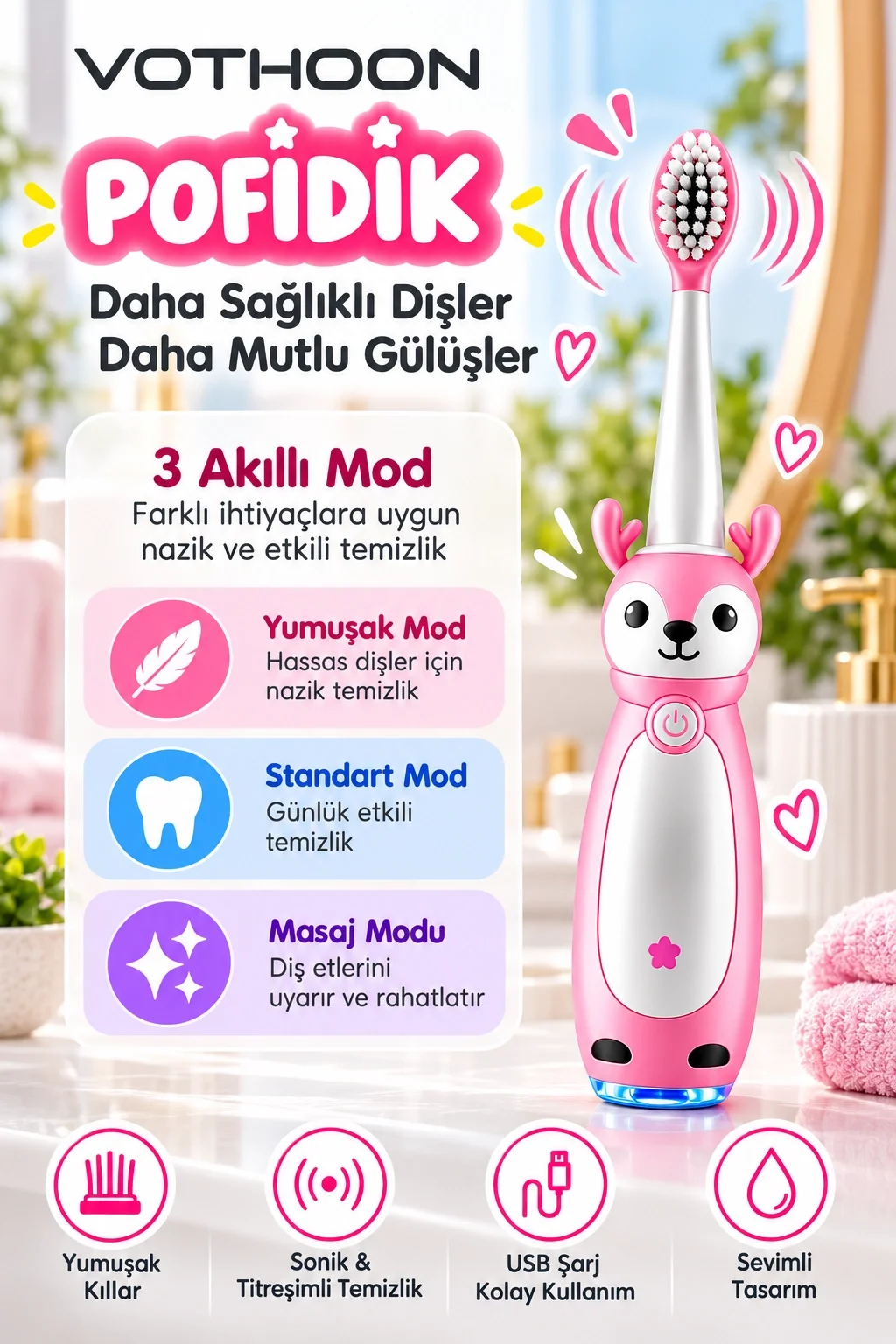 Pofidik Çocuklar İçin Şarjlı Elektrikli Diş Fırçası 3 Modlu Titreşimli Şarjlı Yedek Başlık Hediyeli Pembe görsel 2