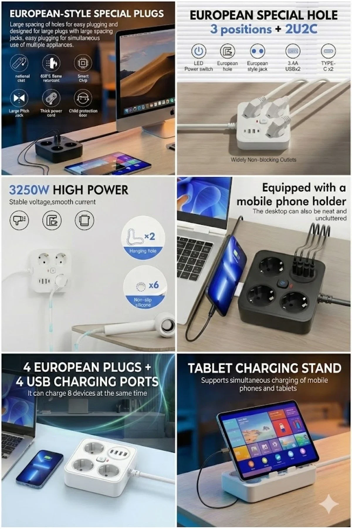 AKIM KORUMALI Avrupa Soket Kartı Tip-C Usb 2 m Uzatma Kablosu Emniyet Anahtarı ile görsel 2
