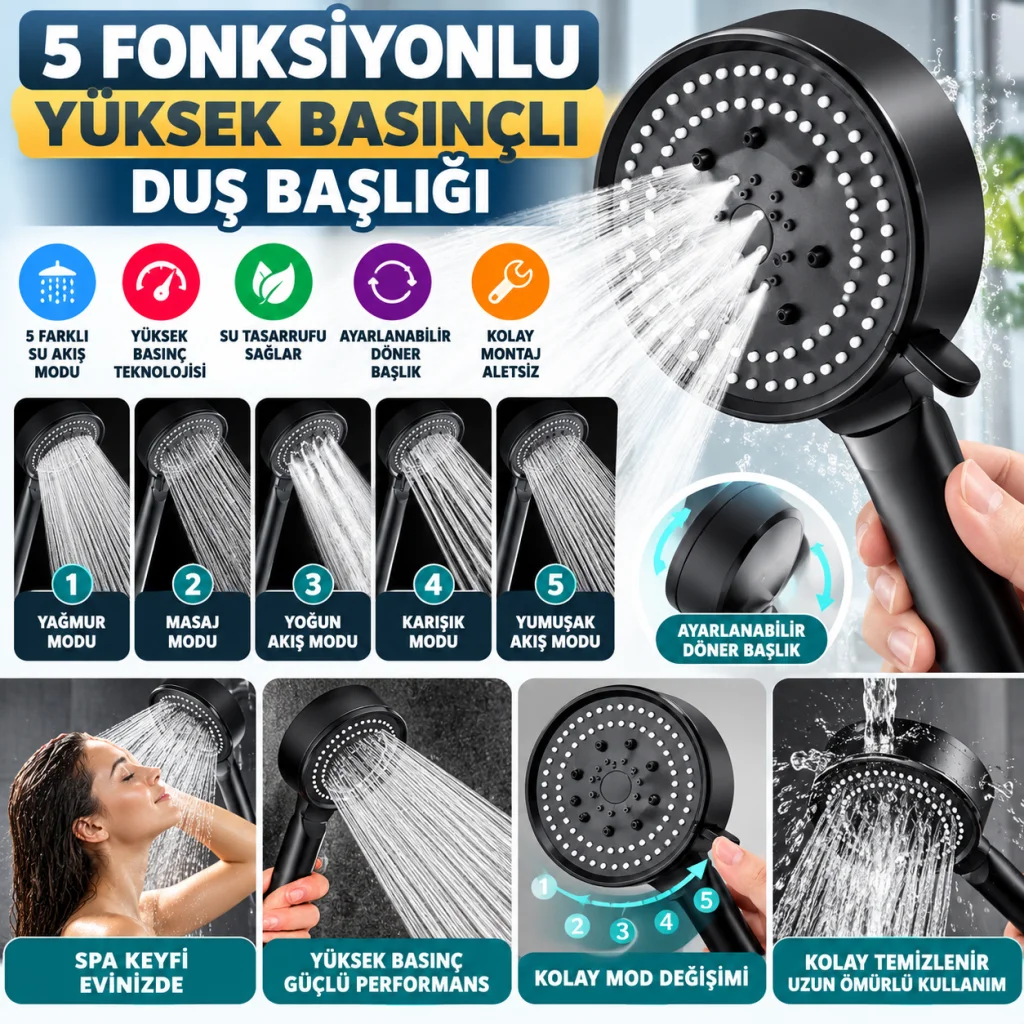 5 Fonksiyonlu Yüksek Basınçlı Ayarlanabilir Siyah Duş Başlığı