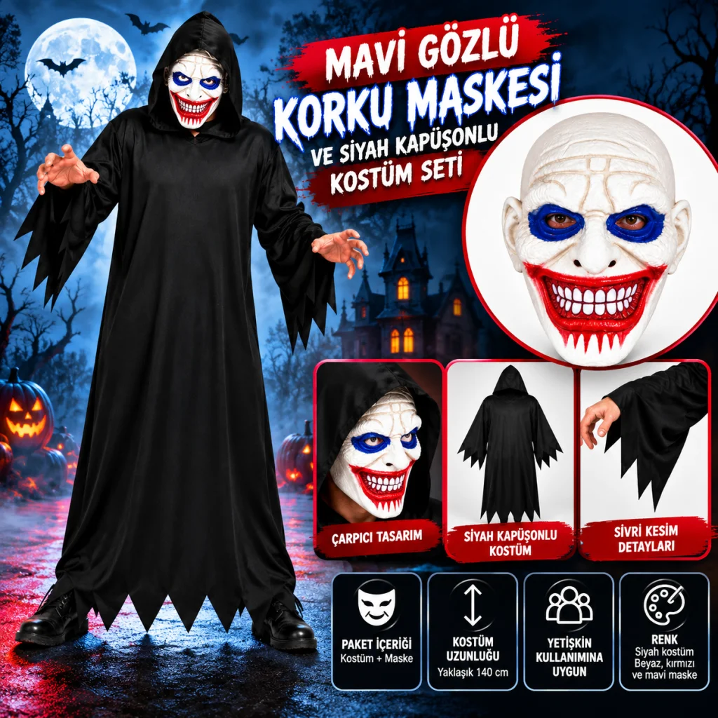 Mavi Gözlü Korku Maskesi ve Siyah Kapüşonlu Kostüm Seti 140 cm görsel 2