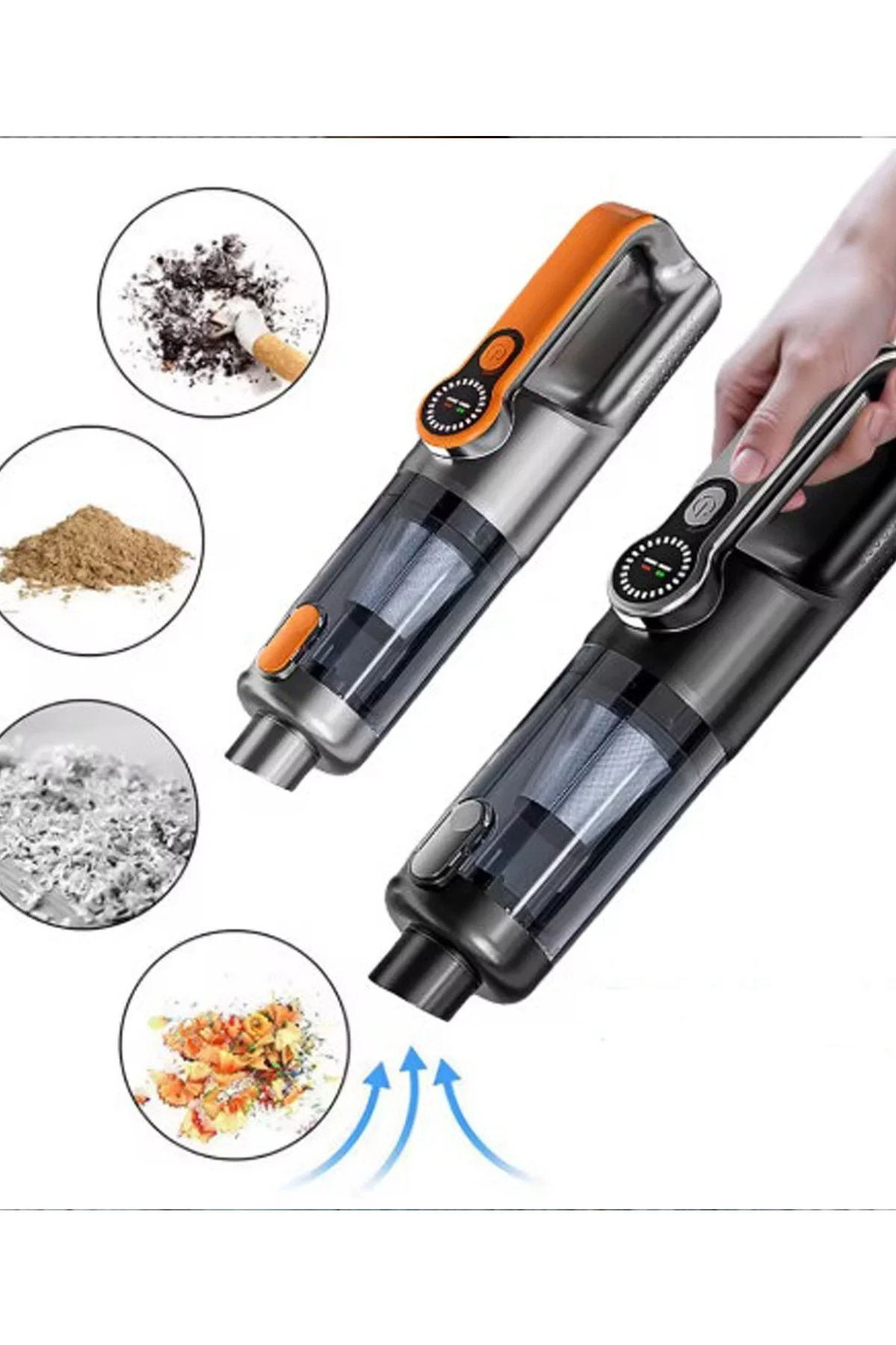 Işıklı Araç Süpürgesi Kablosuz 22.000 Pascal Çekim Gücü Vakum ve Üfleme 2in1 10Başlık Metal Filtreli görsel 5