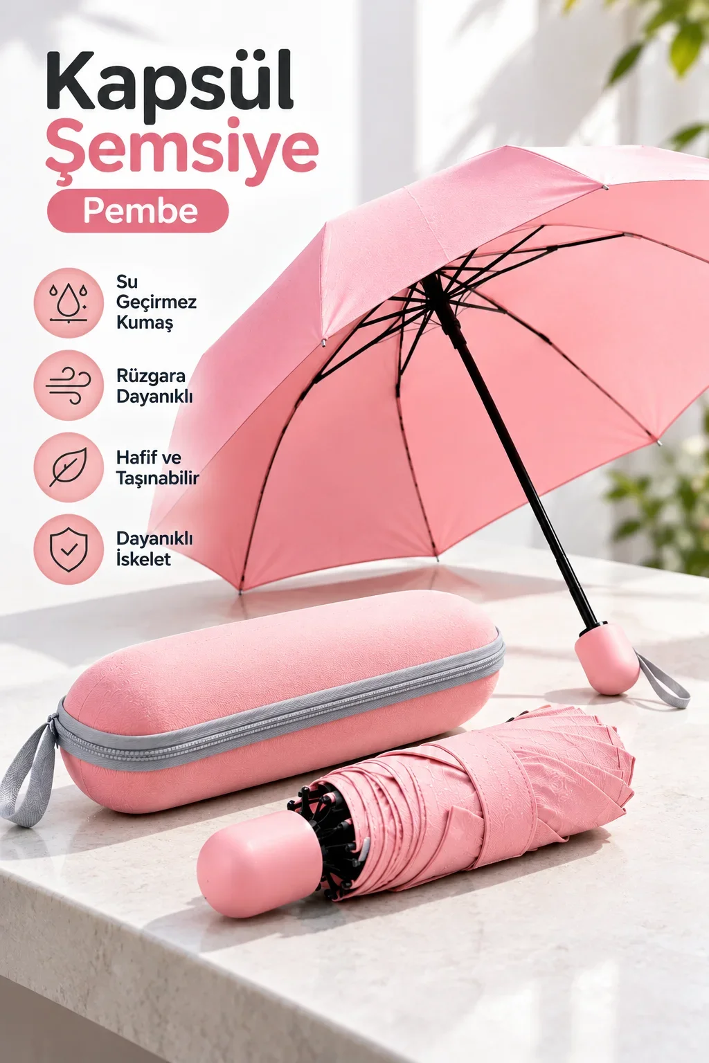 Şık Pembe Kapsül Şemsiye Kompakt Boyut Koruyucu Kılıf ve Pratik Kullanım görsel 5