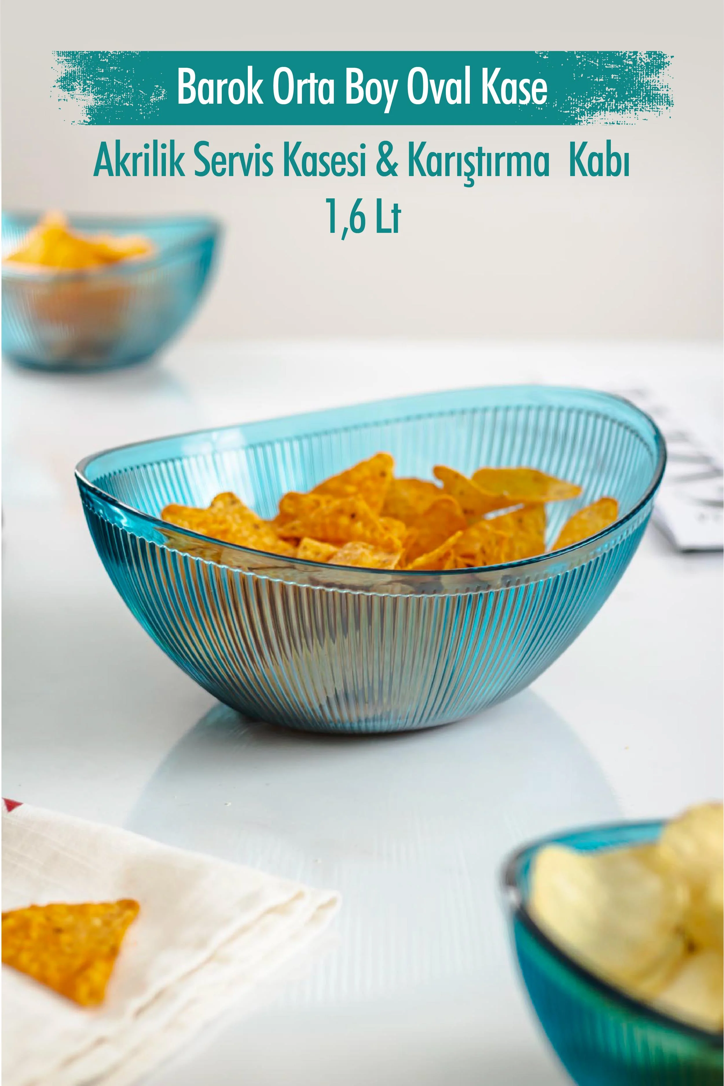 Akrilik Barok Aquamarin Orta Boy Oval Meyve & Salata Kasesi & Karıştırma Kabı / 1,6 Lt (CAM DEĞİLDİR) görsel 2