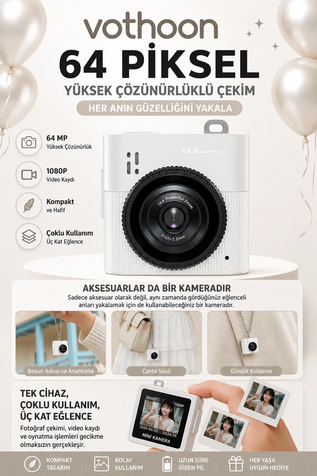 Mini Dijital Kamera 64MP 16x Digital Zoom Retro Vintage 1.4’’Ekranlı Video Kamera Taşınabilir Tasarım Beyaz