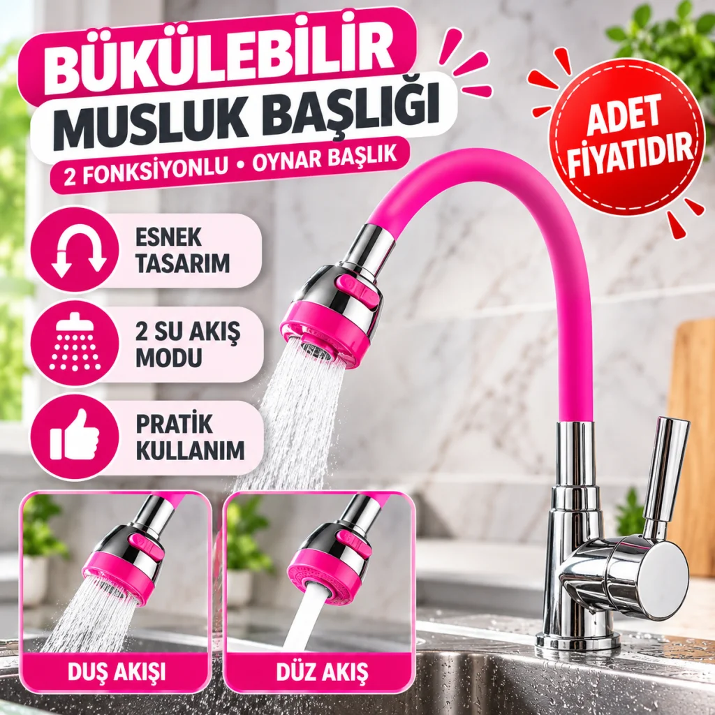 Oynar Başlıklı Tasarruflu Kubar Musluk Borusu ve Başlığı Pembe