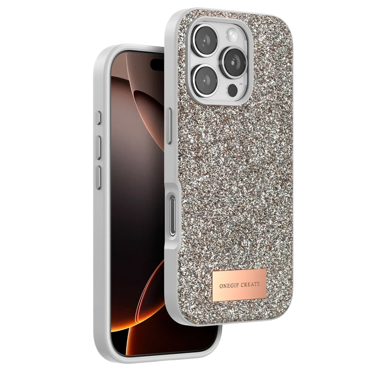 Onegif Apple iPhone 16 Pro Bright Simli Kapak - Çöl Titanyum
