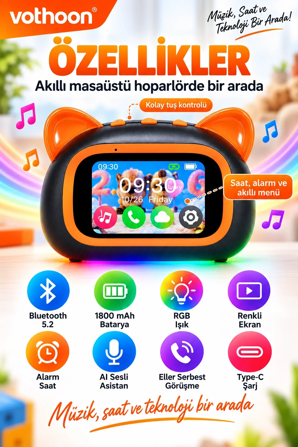 TF39 PRO Yapay Zekalı Bluetooth Hoparlör – Renkli Ekran, RGB Işık, Alarm ve Saat görsel 3
