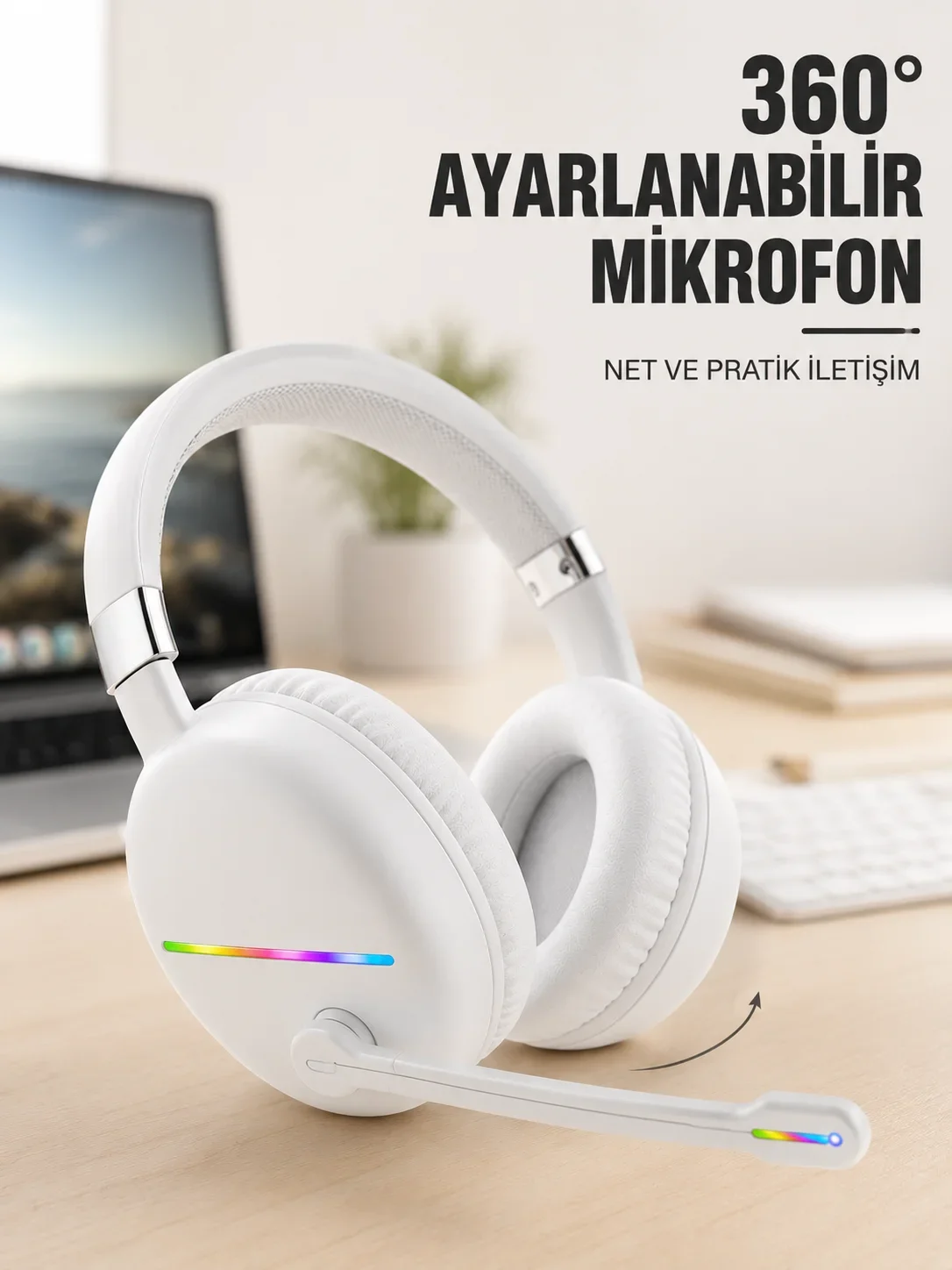 RGB Işıklı krofonlu Bluetooth Kulaklık Beyaz Over-Ear Tasarım Type-C Şarjlı