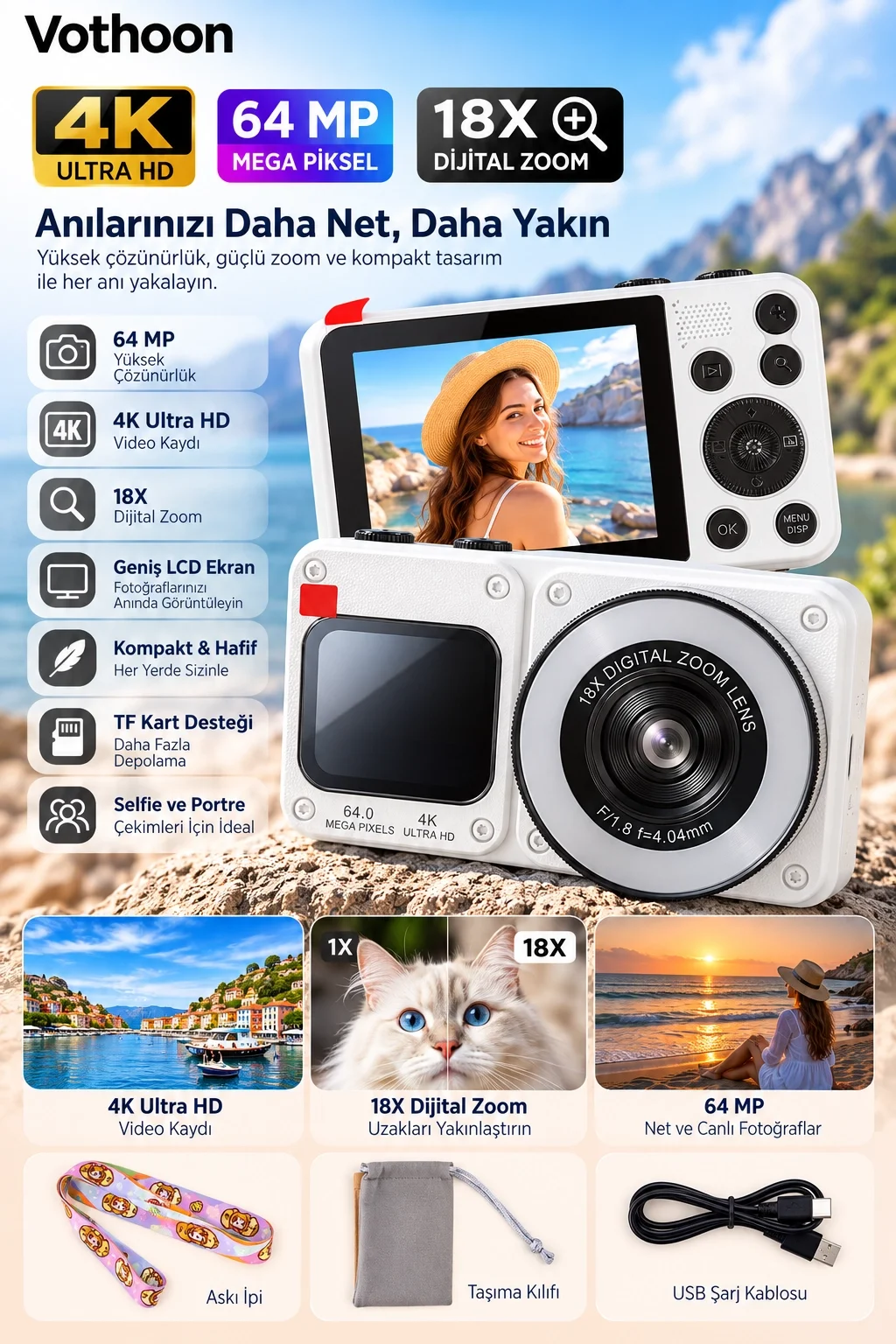 4K Dijital Fotoğraf Makinesi 18X Dijital Zoom 64 MP Ön ve Arka Ekranlı Kompakt Kamera Beyaz