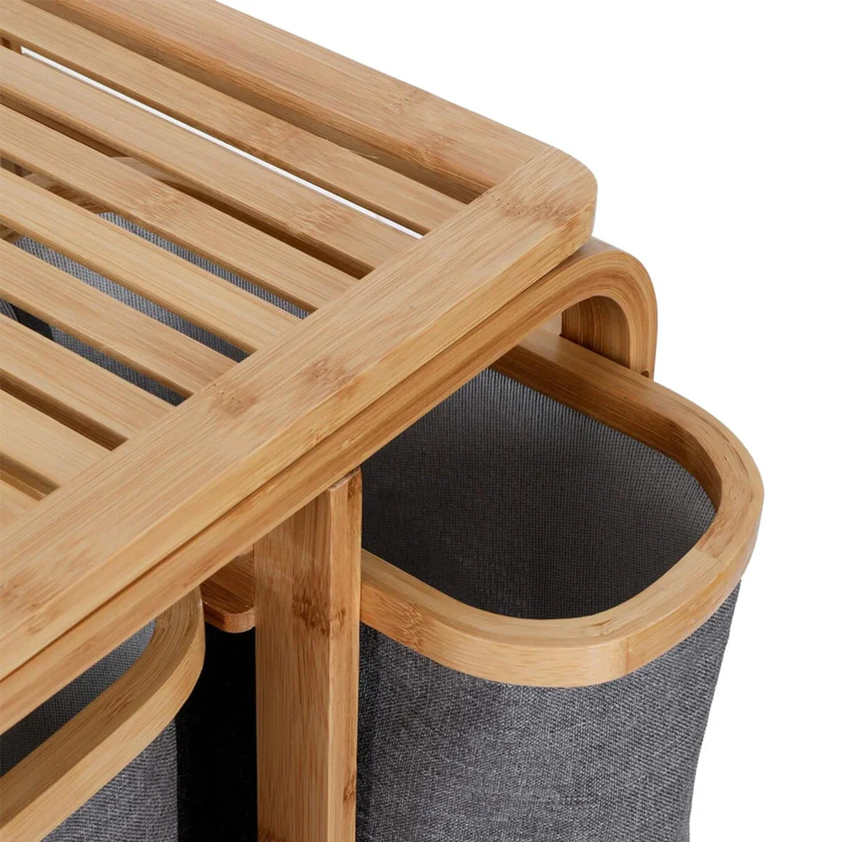 Kirli Çamaşır Sepeti Ahşap - Bambu 3 Organizer Bölmeli Kumaş Çantalı 50X30X70CM görsel 4