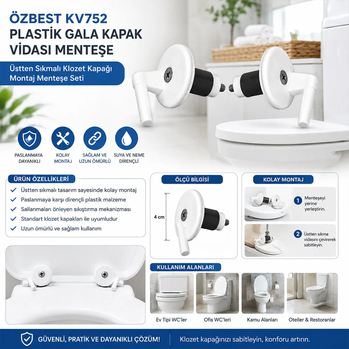 2PCS Üstten Sıkmalı Plastik Klozet Kapak Menteşesi Vidası görsel 2