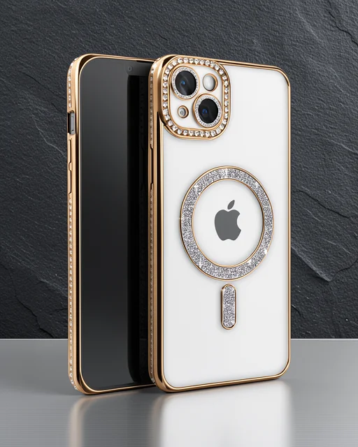 Apple İphone 15 Kılıf Joke Simli Magneticsafe Kılıf - Gold