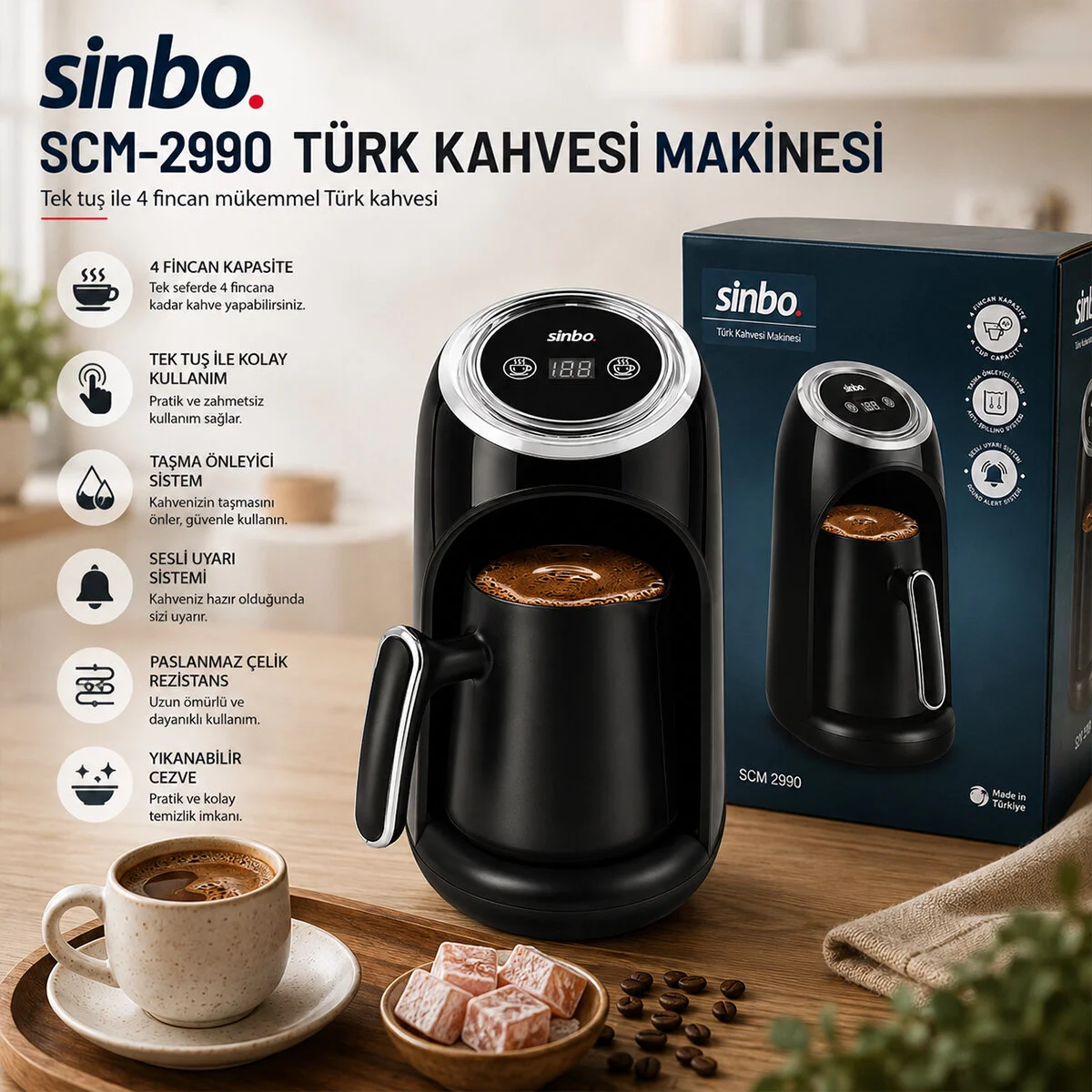 2İN1 Elektrikli Türk Kahve Makinesi 4 Fincan Sesli Uyarı - Taşma Önleyici Sistem SCM-2990 görsel 3