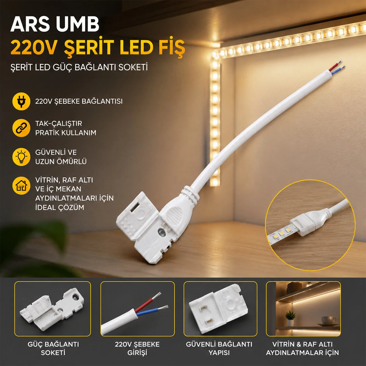 50 Adet 220 V Şerit Led Fiş Umb görsel 2