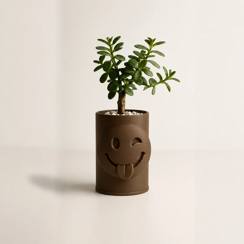 3D Baskı Emoji Planter - Göz Kırpan Yüzlü Sukulent Saksısı-Kahverengi