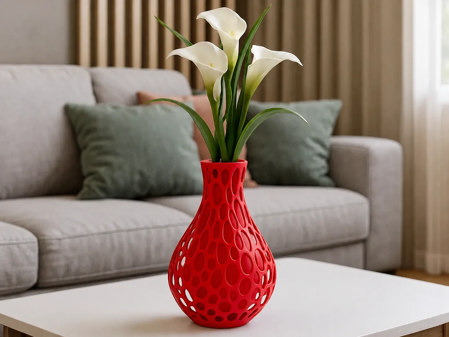 3D Baskı Petek Dokulu Vazo - Delikli Dekoratif Vazo-Kırmızı