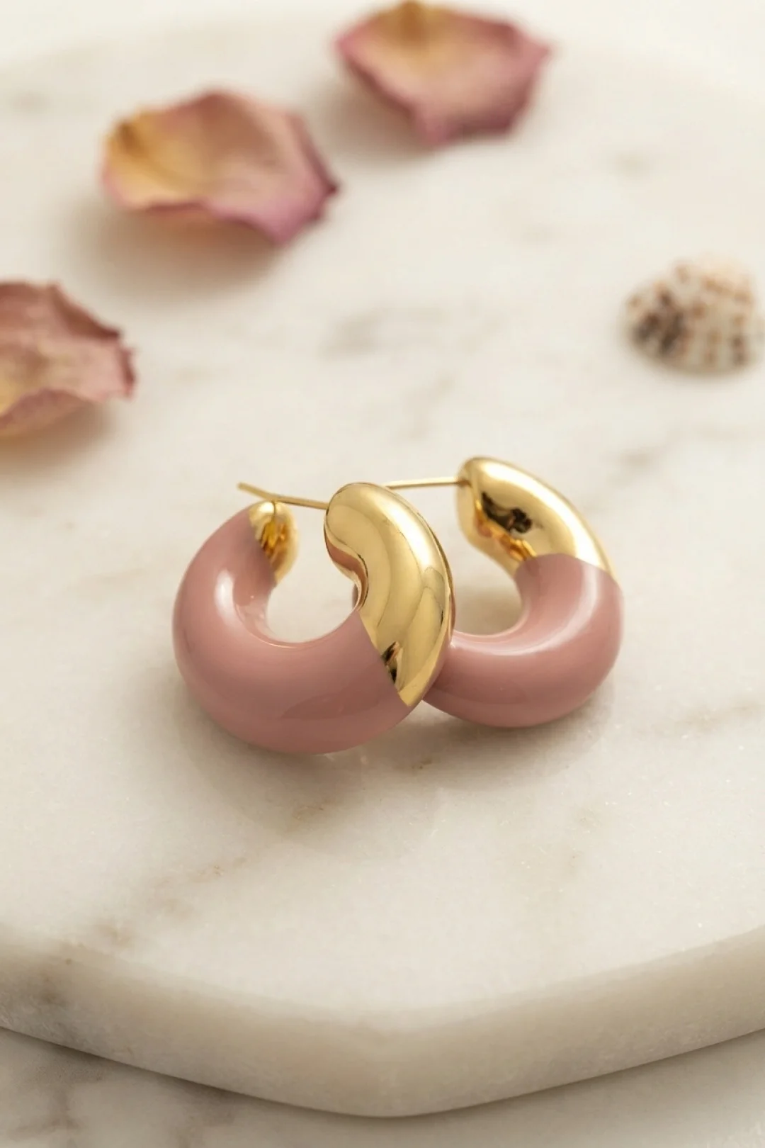 316L Çelik Gold Renk Pembe Halka Model Kadın Küpe görsel 2