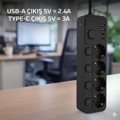 Akım Korumalı 4’lü Priz 2xUSB 2xType-C Çıkış Yüksek Gerilim Koruma Priz Çoğaltıcı görsel 3
