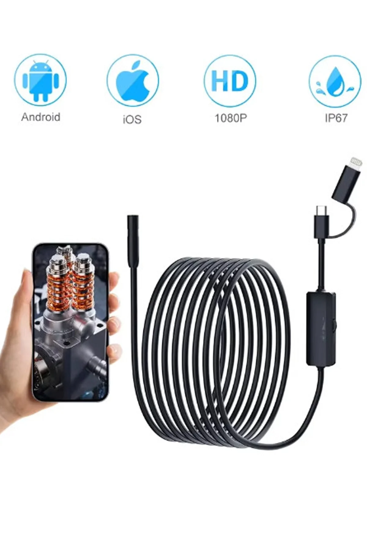 5 Metre Endoskop Yılan Video Kamera Ios ve android Uyumlu Led’li 8 mm Sert Kablo 2mp