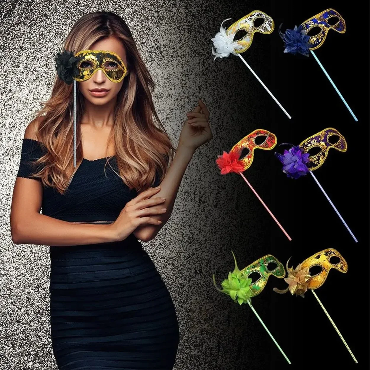 Lüks Taşlı Saplı Maskeli Balo Maskesi Mor Renk 35 cm görsel 2
