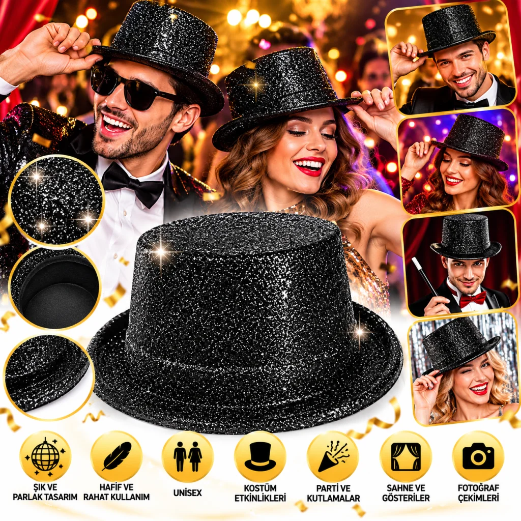 Siyah Simli Glitter Silindir Parti Şapkası görsel 2