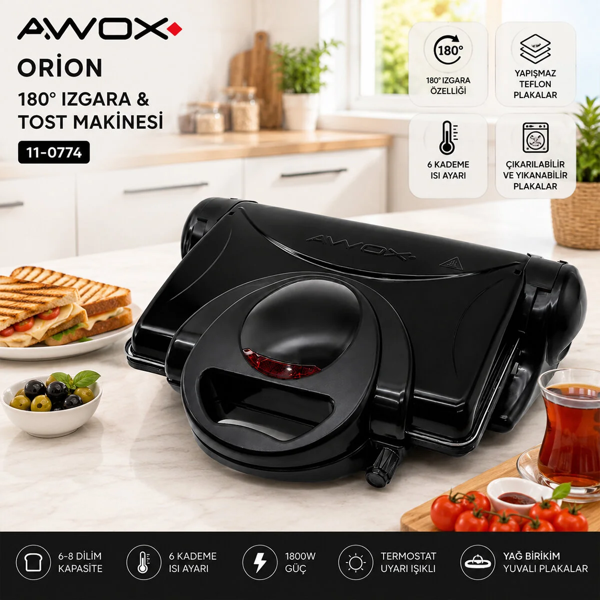 Awox Orion Siyah Toaster 8 Dilim Tost Makinesi - 180° Izgara 1800W görsel 4