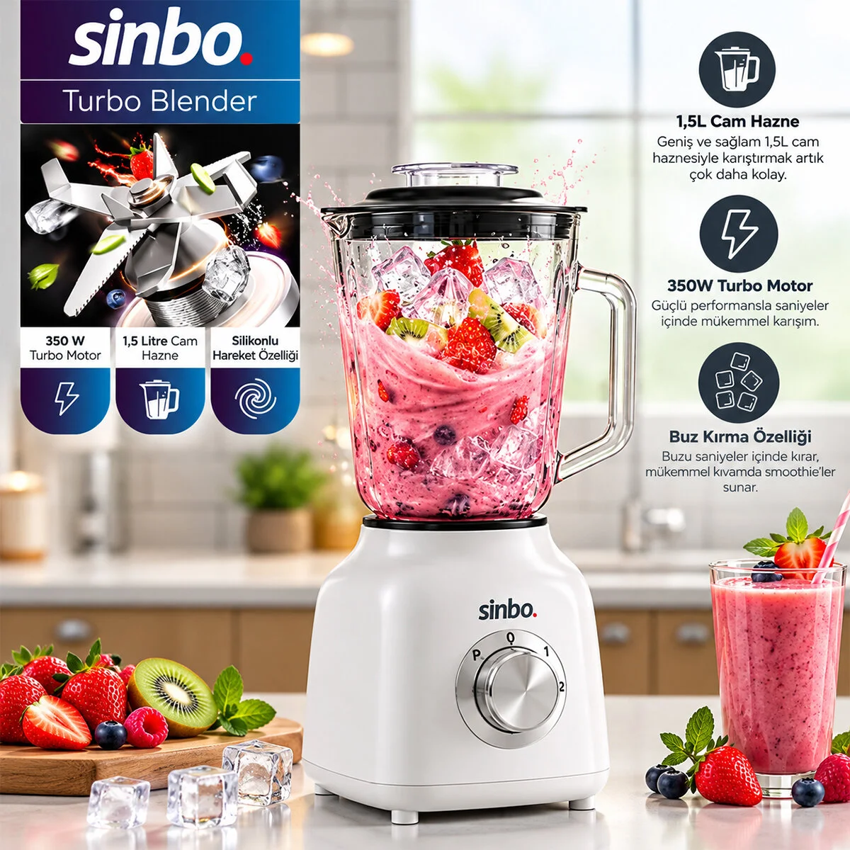 Krem Turbo El Blender Seti Doğrayıcı - Mikser - Blender 600W 2 Kademe Hız 1.5LT Cam Hazne SHB-7516 görsel 2