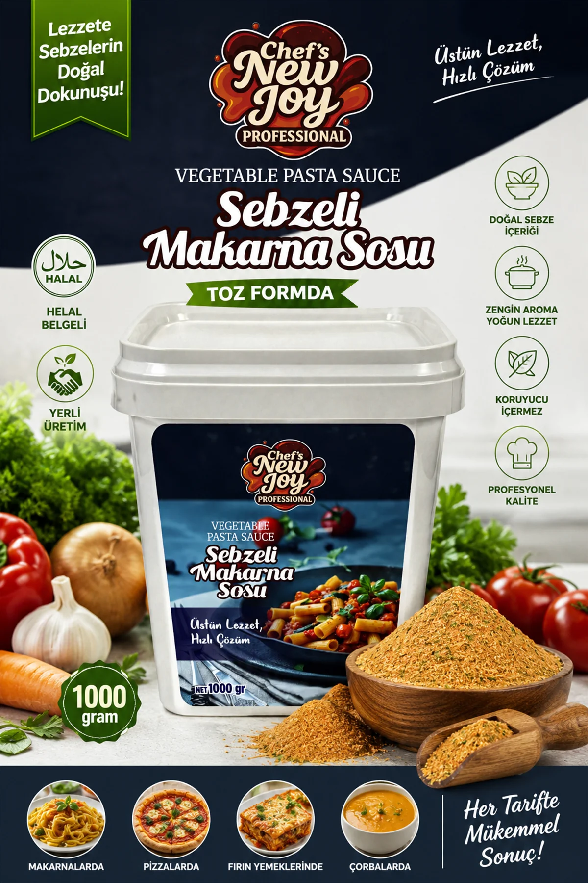 Sebzeli Makarna Sosu 1000 gr Vegetable Pasta Sauce - Helal Belgeli, Yerli Üretim görsel 2