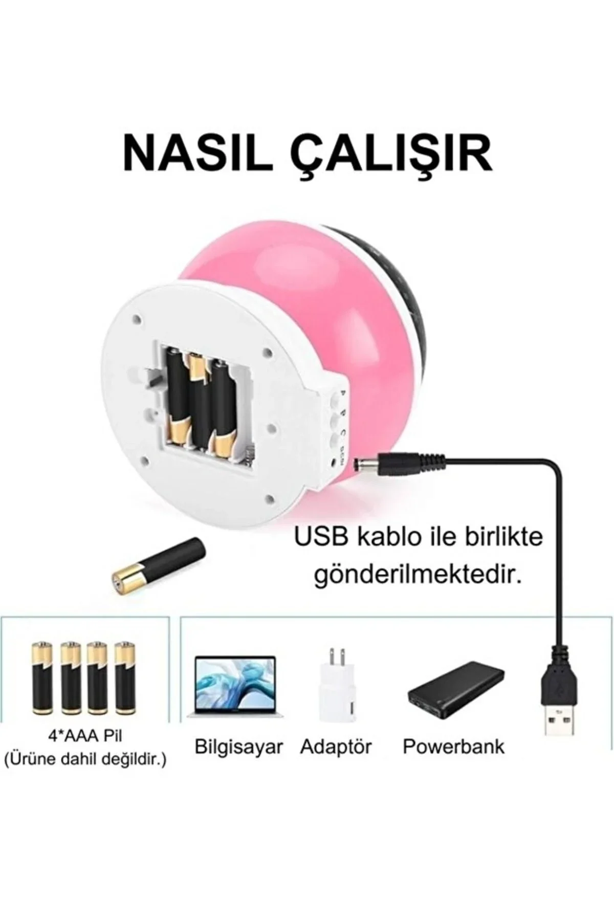 Ay ve Yıldızlı Gökyüzü Yansıtmalı Dönen Projeksiyon Gece Lambası- Çocuk Bebek Odası Pembe görsel 2