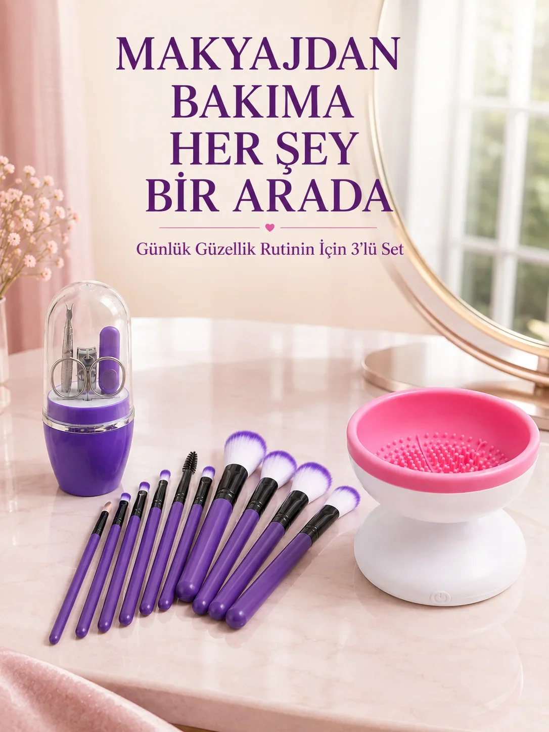 3’lü Güzellik ve Bakım Seti 12’li Mor Makyaj Fırçası Fırça Tezleme Cihazı ve Manikür Pedikür Tırnak Bakım Seti
