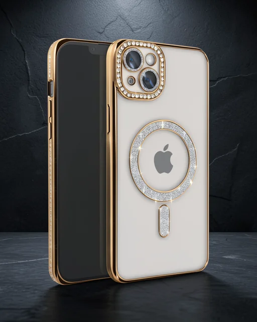 Apple İphone 14 Kılıf Joke Simli Magneticsafe Kılıf - Gold